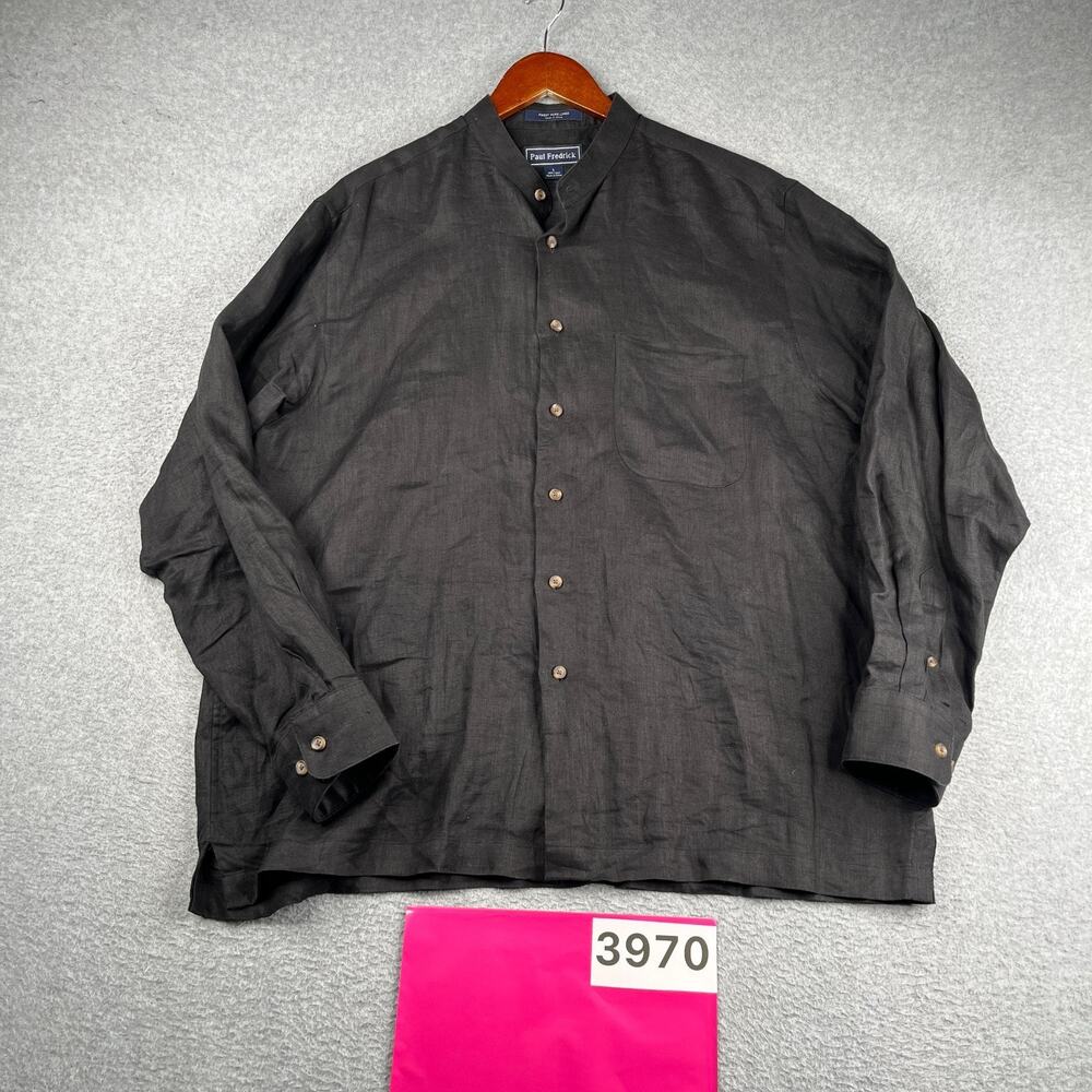 Paul Fredrick Linen Shirt Black Large Classic Casual Button Up Long Sleeve Mens